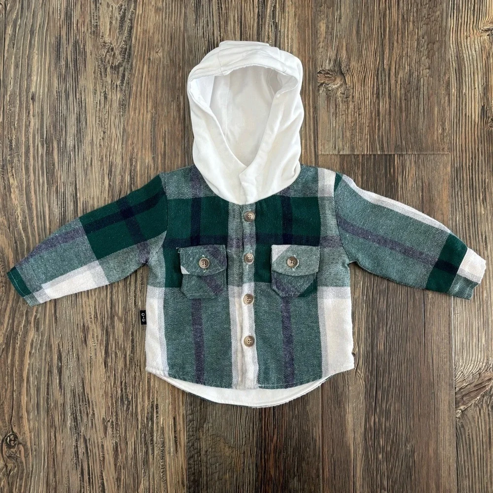 OLIVE+SCOUT Boys 6-12 Months Timber Shacket Green Plaid Hooded Flannel Jacket